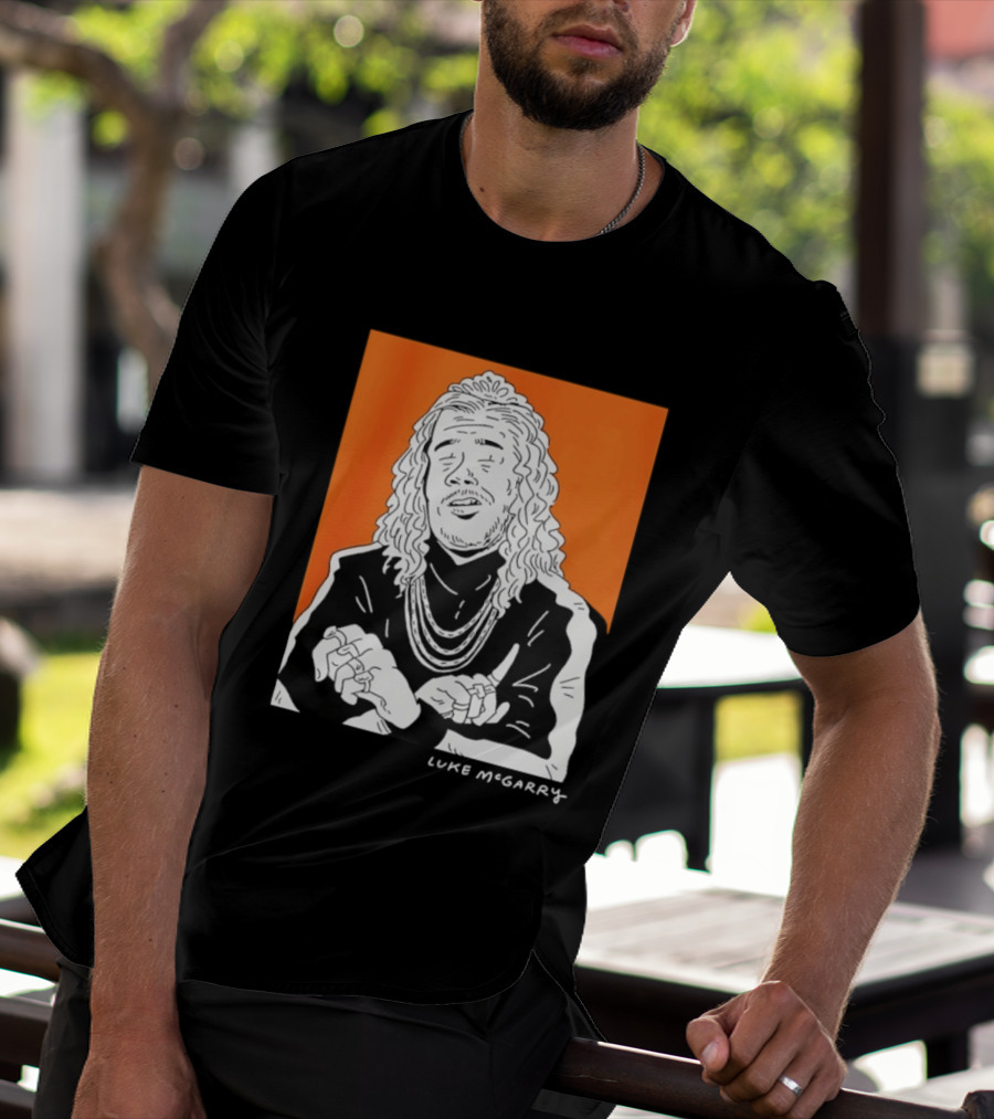 Luke McGarry Cartoon Character With Long Hair And Chains On Orange T-Shirt