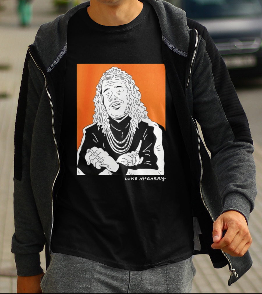 Luke McGarry Cartoon Character With Long Hair And Chains On Orange T-Shirt