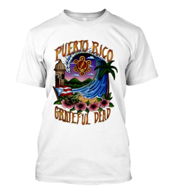Puerto Rico Grateful Dead Tropical Wave With Hibiscus And Flag T-Shirt