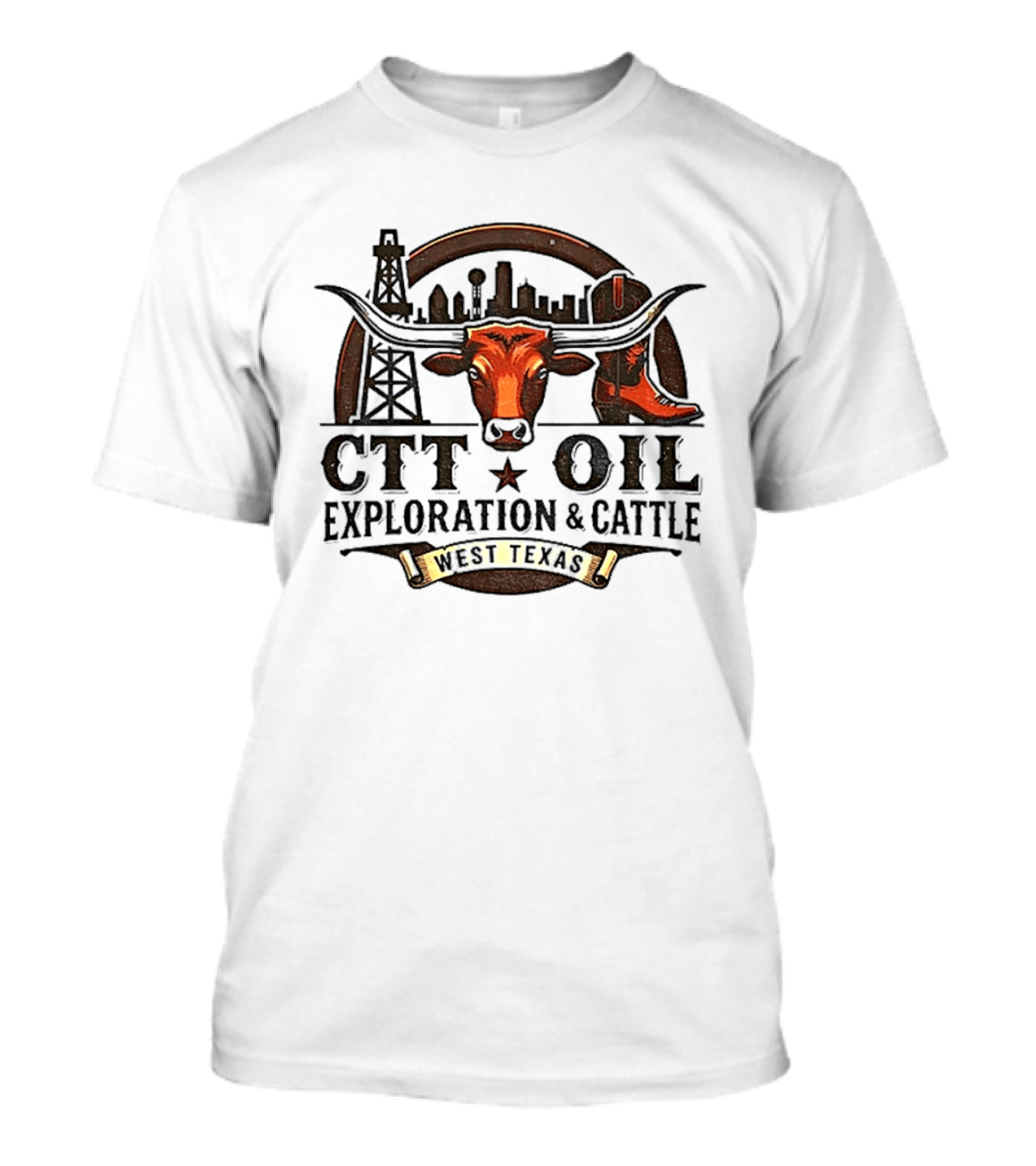 West Texas Longhorns CTT Oil Exploration And Cattle Skyline And Boot T-Shirt