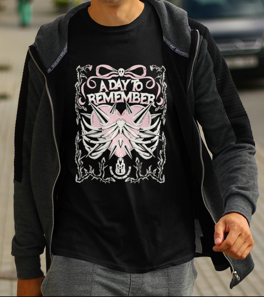 A Day To Remember Spiked Heart Pink Bow Skull Ribcage T-Shirt