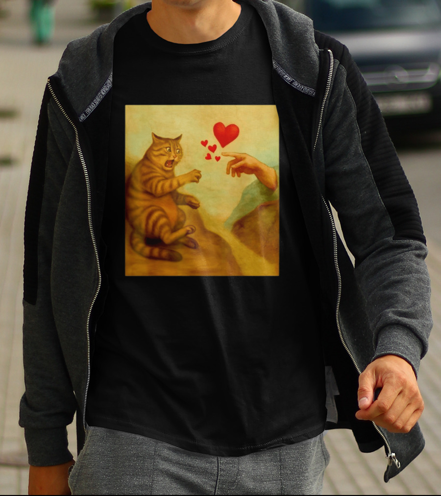 Cat Swatting God's Hand Surrounded By Hearts T-Shirt