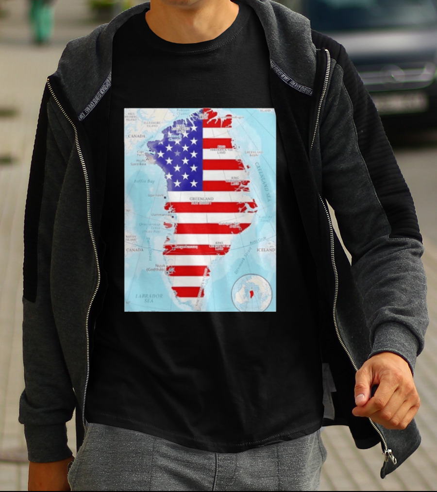USA Flag Over Greenland Map American Patriot T-Shirt