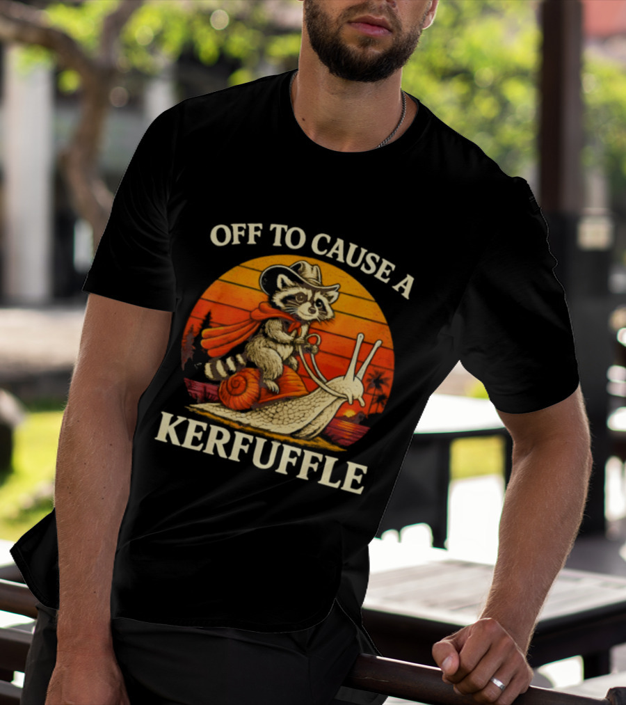 Off To Cause A Kerfuffle Raccoon Riding Snail Cowboy Adventure T-Shirt