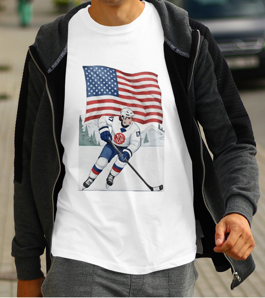 USA Hockey Player Number 17 American Flag Winter Olympics T-Shirt