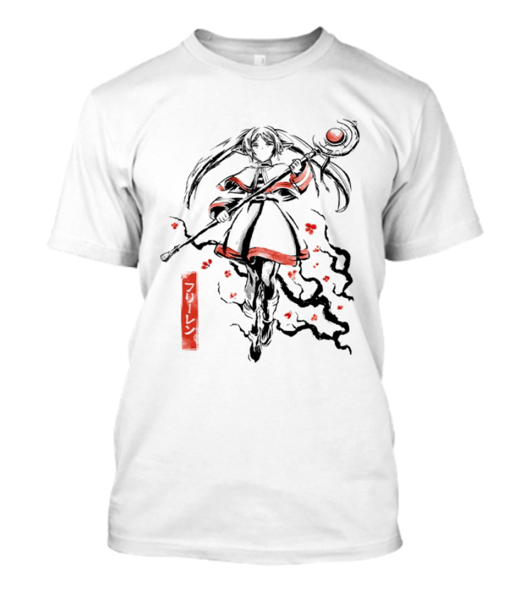 Frieren Beyond Journey's End The Eternal Mage Sumi E Style Magic Staff Blossoms T-Shirt