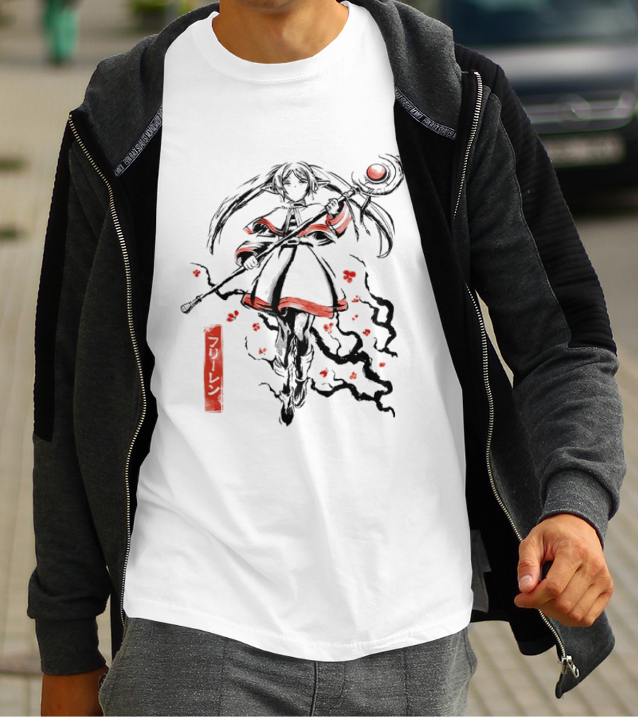 Frieren Beyond Journey's End The Eternal Mage Sumi E Style Magic Staff Blossoms T-Shirt