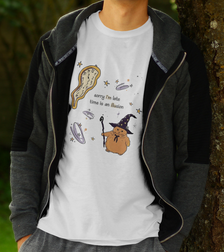 Sorry I'm Late Time Is An Illusion Time Traveling Witch Cat With Melting And Magic Wand T-Shirt