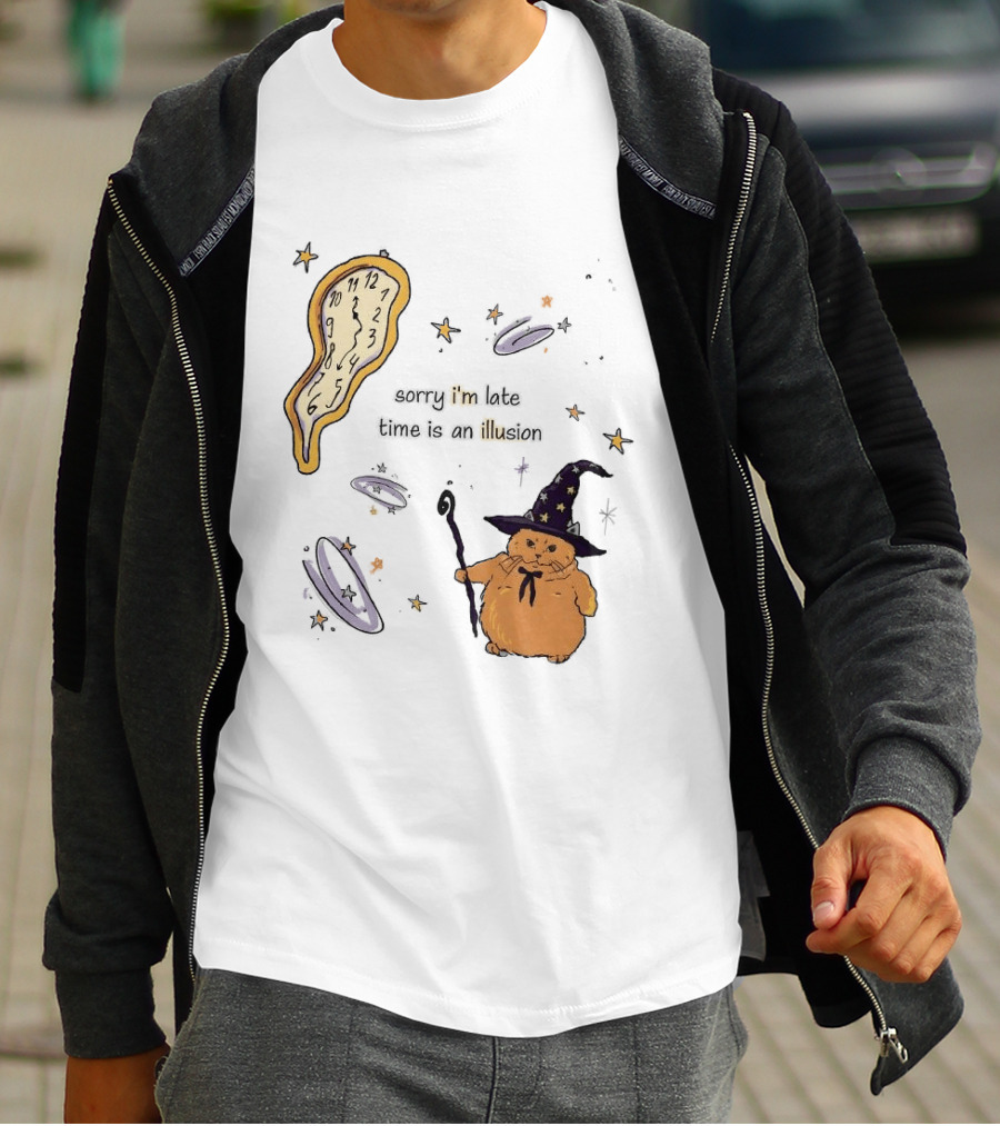 Sorry I'm Late Time Is An Illusion Time Traveling Witch Cat With Melting And Magic Wand T-Shirt