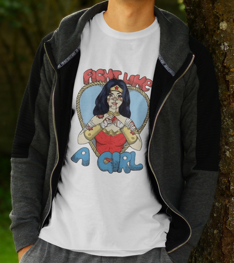 Wonder Woman Fight Like A Girl Cartoon Heart Rope Border T-Shirt