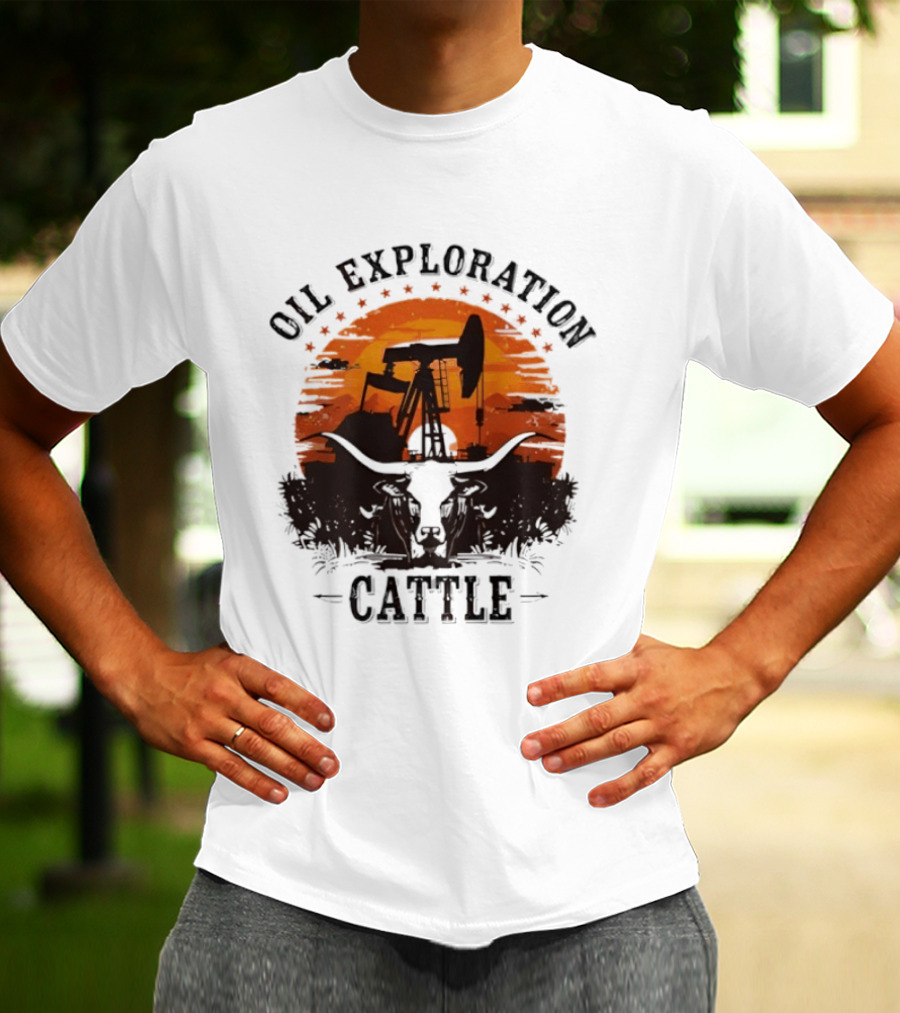 Oil Exploration Cattle Retro Vintage Pumpjack Sunset Scene T-Shirt