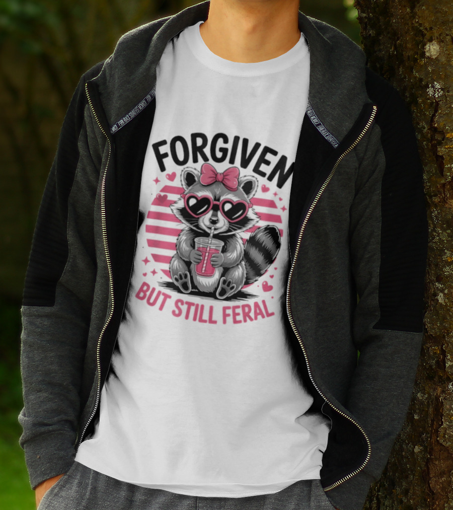 Forgiven But Still Feral Raccoon With Heart Glasses And Bow T-Shirt