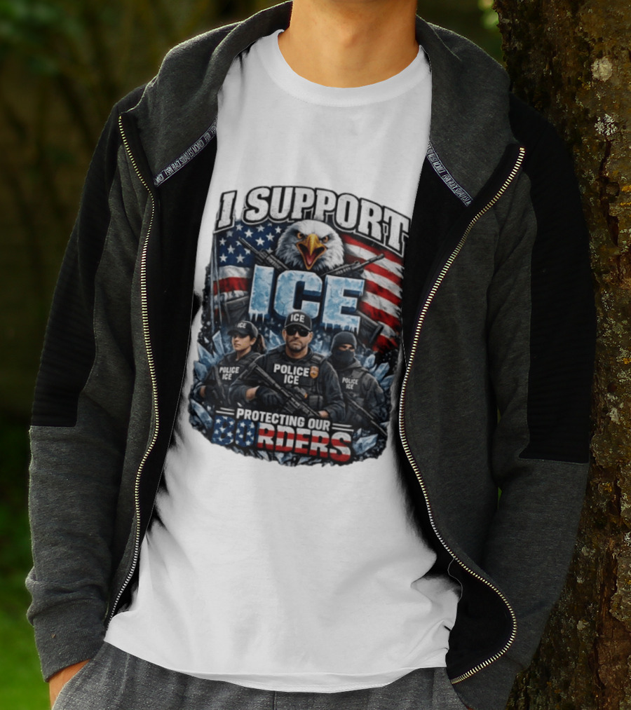 I Support ICE Protecting Our Borders American Flag Bald Eagle Police ICE Officers T-Shirt