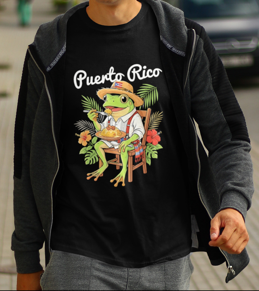 Puerto Rico Coqui Frog Eating Mofongo Taino Boricua Flag Hispanic T-Shirt