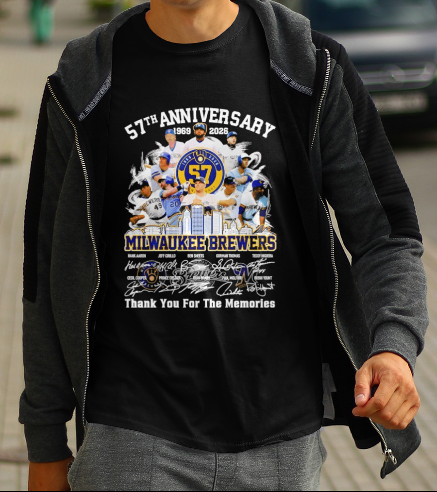 Milwaukee Brewers 57th Anniversary 1969 2026 Players City Skyline Thank You For The Memories T-Shirt