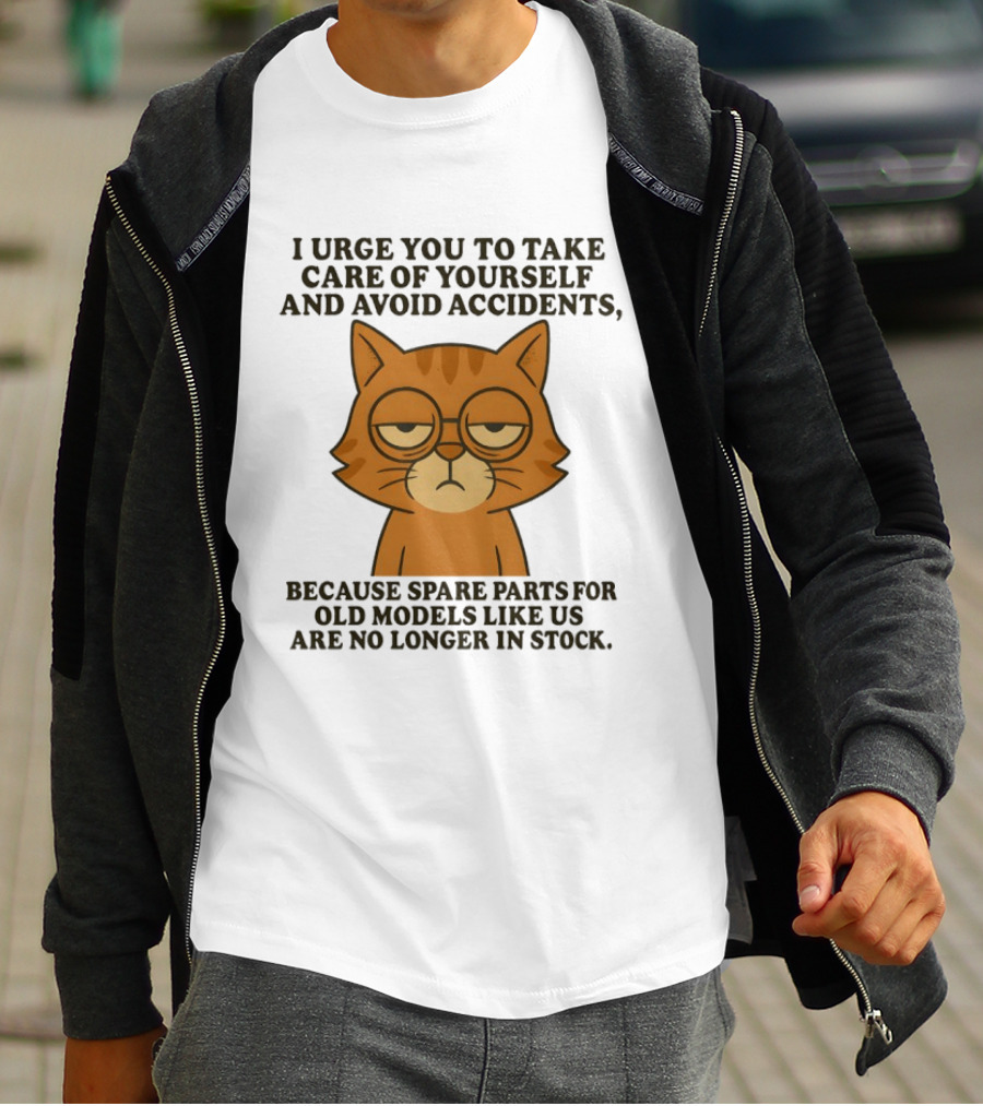Sad Orange Cat I Urge You To Take Care Of Yourself And Avoid Accidents Spare Parts For Old Models No Longer In Stock T-Shirt
