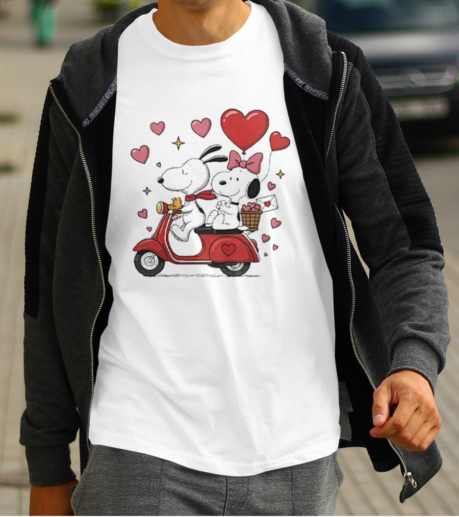 Valentines Day Snoopy Couple Riding Scooter With Hearts And Balloons T-Shirt