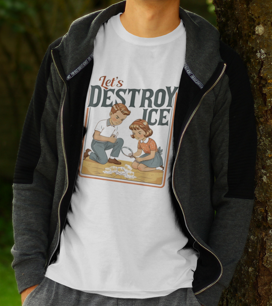 Let's Destroy Ice Vintage Style Cartoon Kids With Airplane T-Shirt