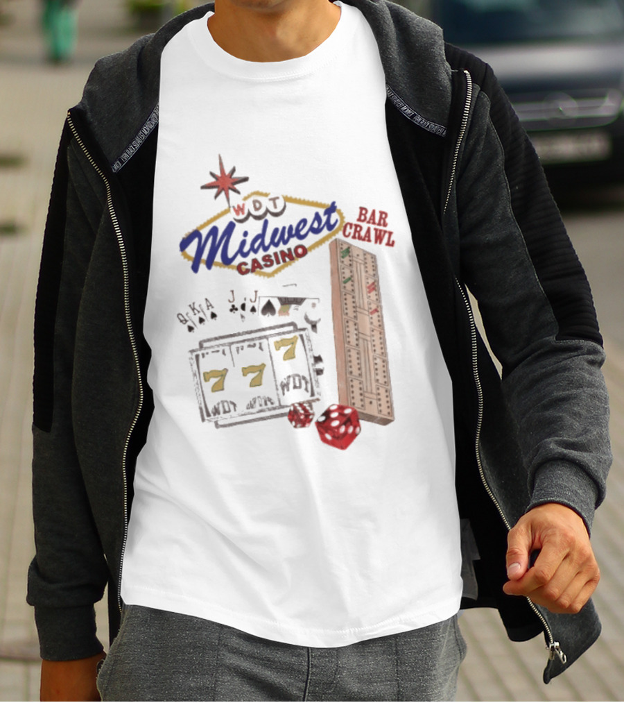 Wisconsin Midwest Casino Bar Crawl Slot Machine Dice Playing Cards Cribbage Board T-Shirt