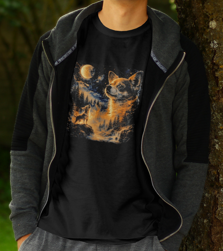 Chihuahua Howling 90s Nostalgia Moonlit Wilderness Scene T-Shirt