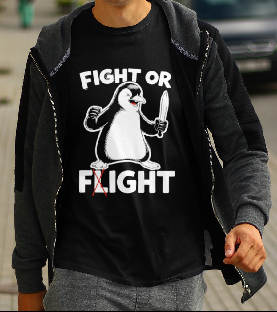 Penguin Holding Knife Fight Or Flight Meme T-Shirt