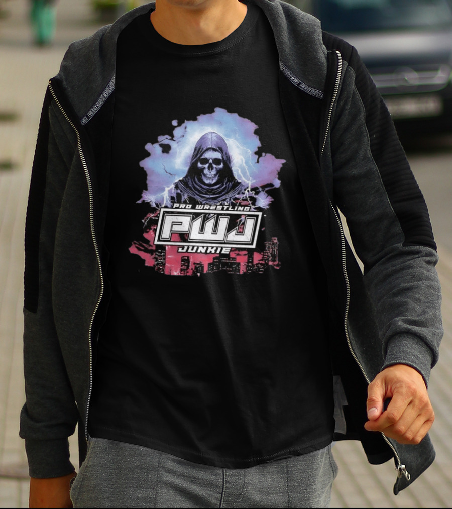 Pro Wrestling PWJ Junkie Skeleton Lightning Cityscape T-Shirt