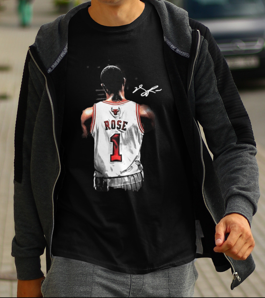 Derrick Rose Chicago Bulls Autographed Jersey Number 1 NBA T-Shirt