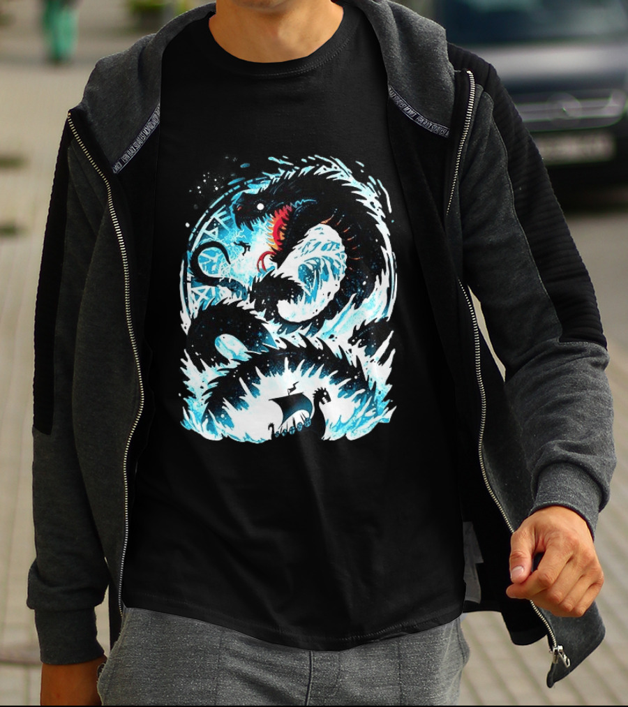 Jörmungandr World Serpent Norse Mythology Viking Ship Ocean Waves T-Shirt