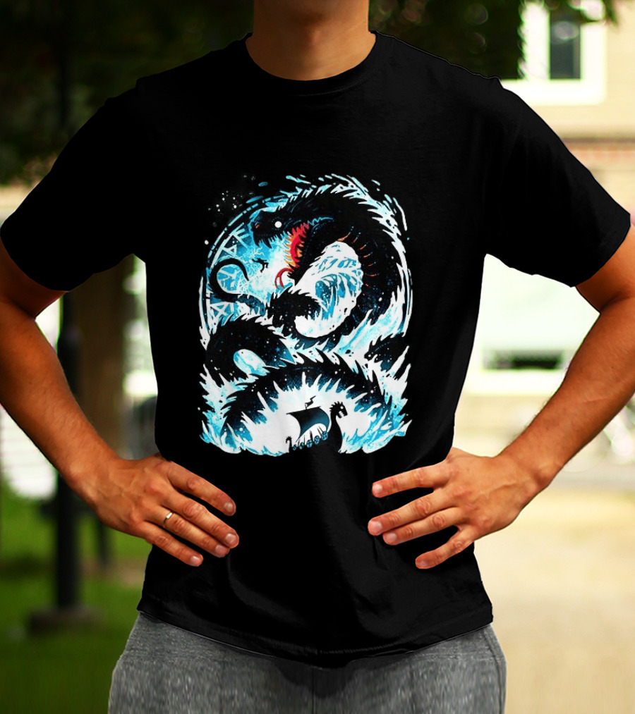 Jörmungandr World Serpent Norse Mythology Viking Ship Ocean Waves T-Shirt