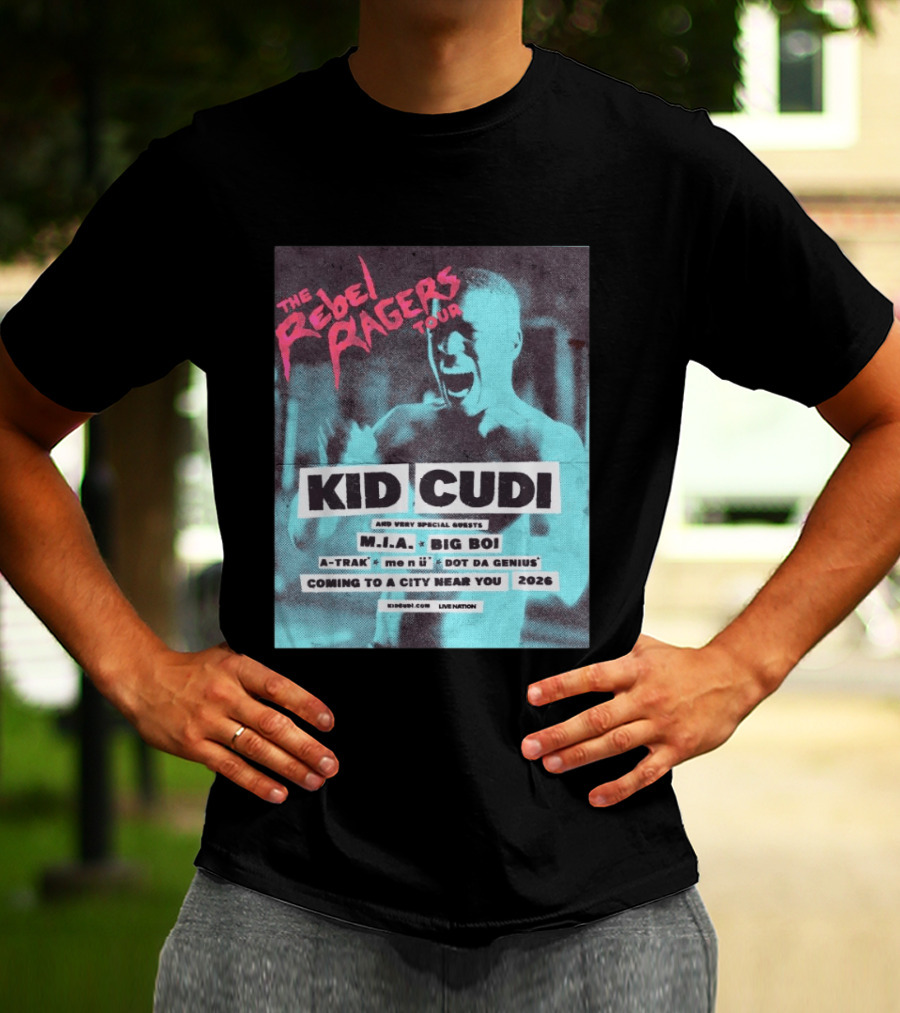 Kid Cudi The Rebel Ragers Tour 2026 Featuring M.I.A. Big Boi A Trak And Dot Da Genius T-Shirt