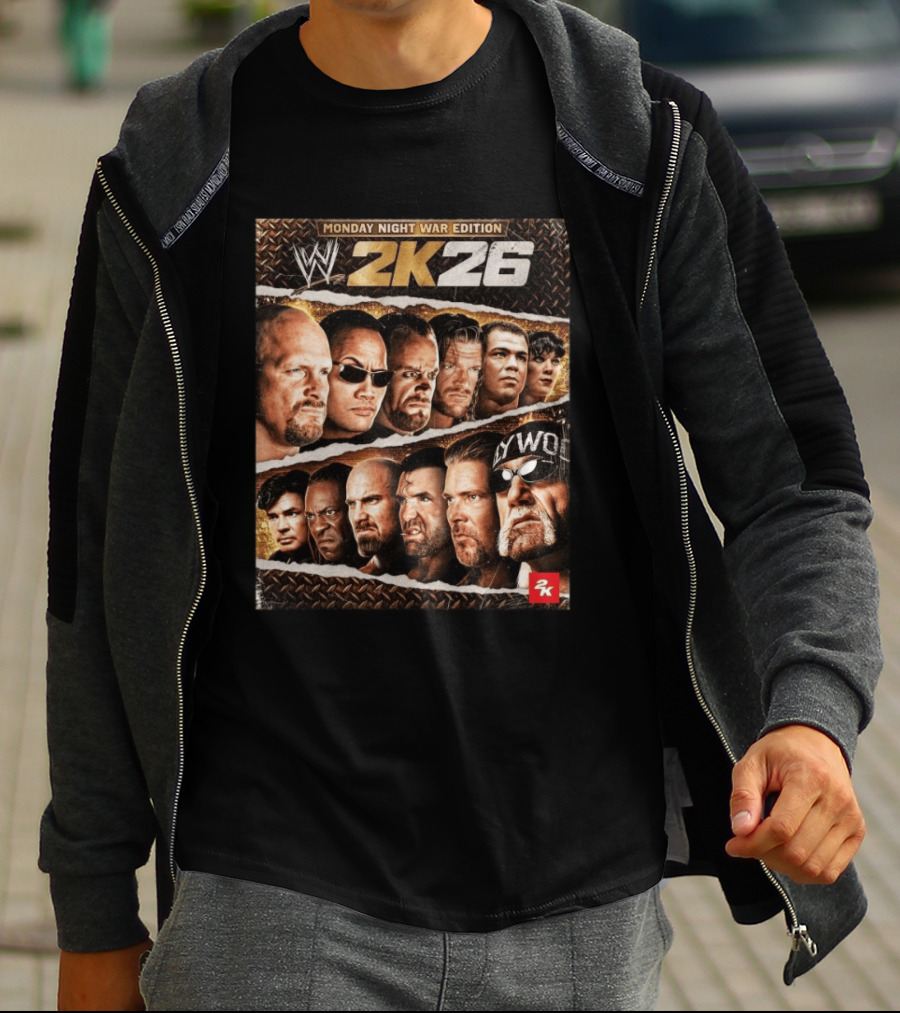 WWE 2K26 Monday Night War Edition Stone Cold Steve Austin Hollywood Hogan The Rock Shawn Michaels Triple H Cover T-Shirt
