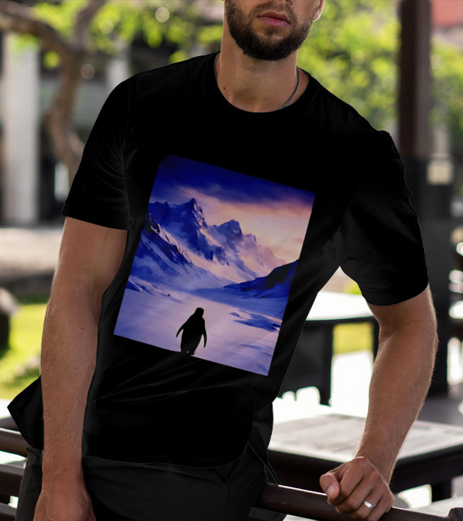 Nihilist Penguin Silhouette In Mountainous Ice Landscape T-Shirt
