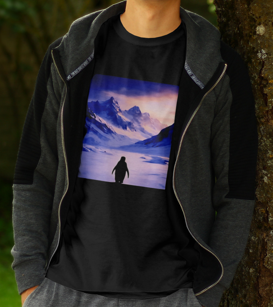Nihilist Penguin Silhouette In Mountainous Ice Landscape T-Shirt