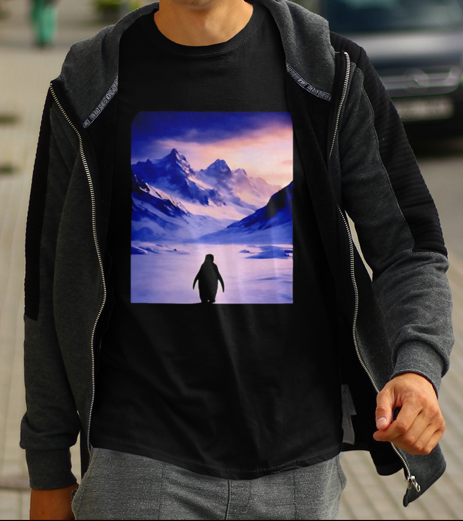 Nihilist Penguin Silhouette In Mountainous Ice Landscape T-Shirt