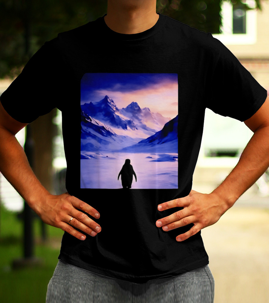Nihilist Penguin Silhouette In Mountainous Ice Landscape T-Shirt