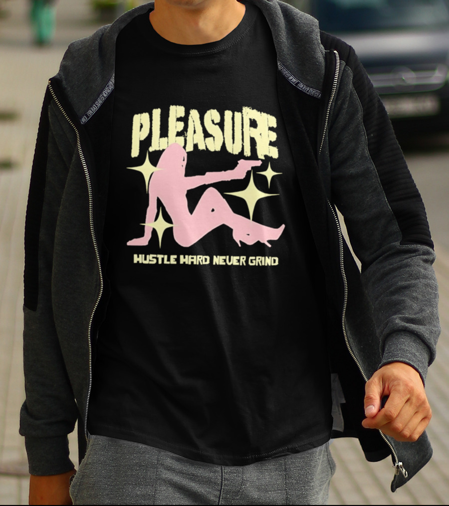 Pleasure Hustle Hard Never Grind Pink Silhouette With Stars T-Shirt