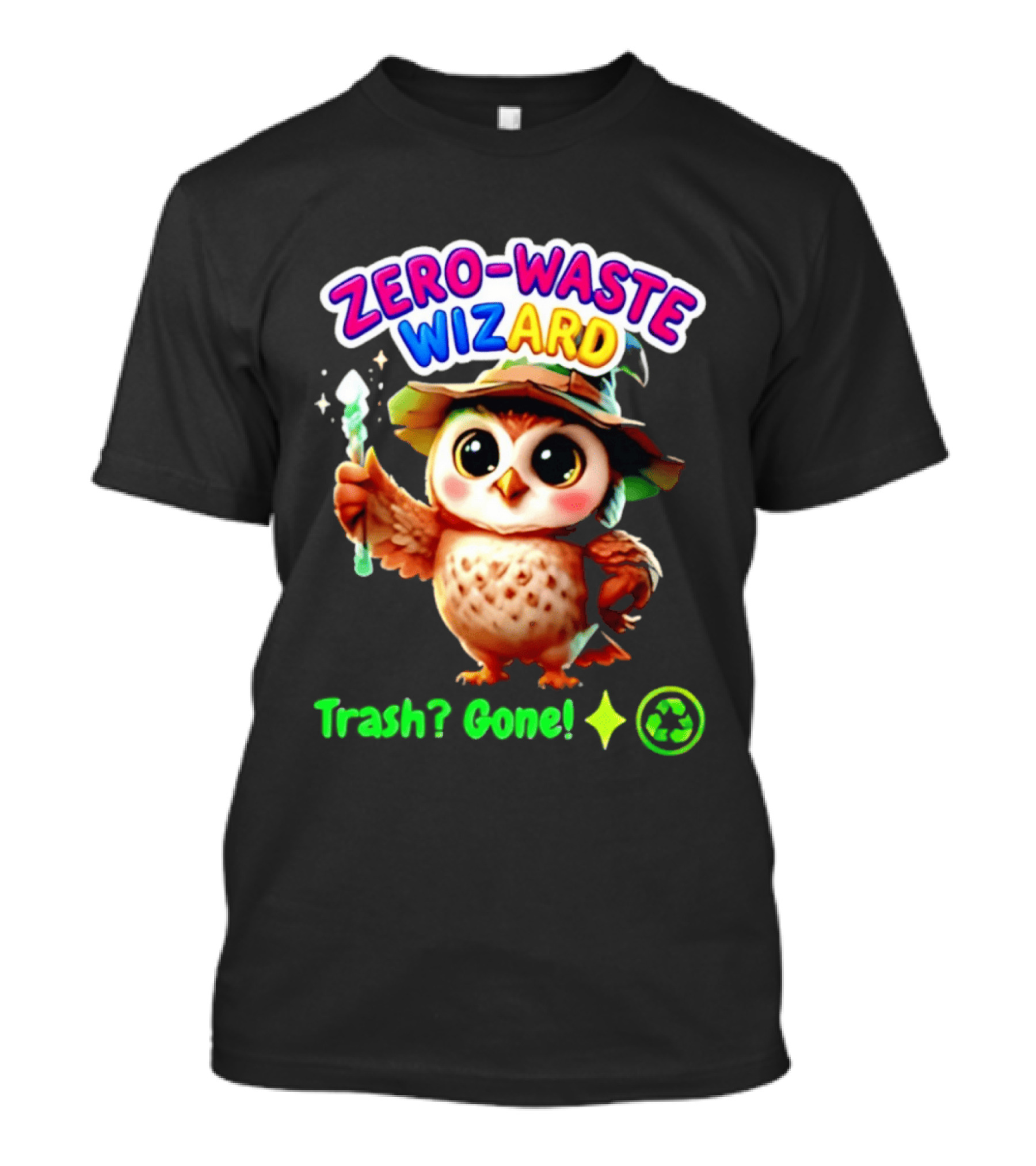 Zero Waste Wizard Owl With Magic Wand Trash Gone Recycling T-Shirt