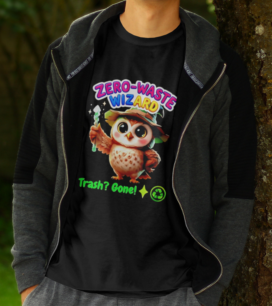 Zero Waste Wizard Owl With Magic Wand Trash Gone Recycling T-Shirt