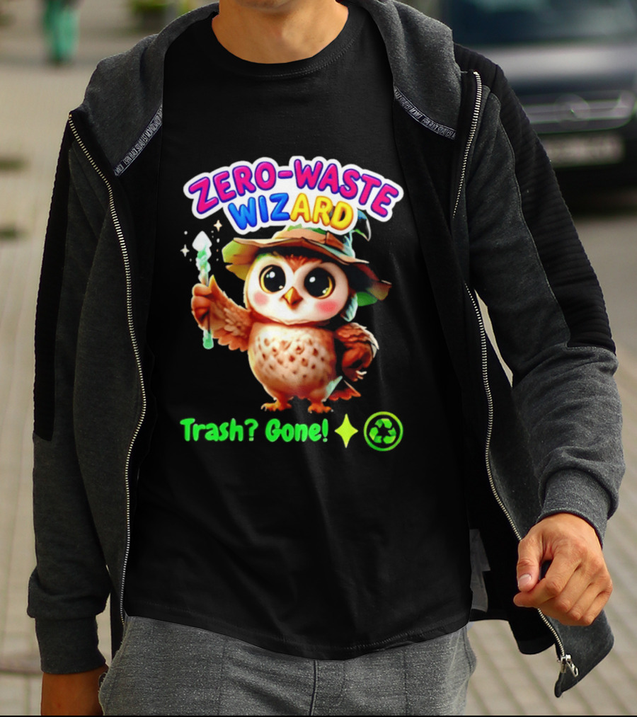 Zero Waste Wizard Owl With Magic Wand Trash Gone Recycling T-Shirt