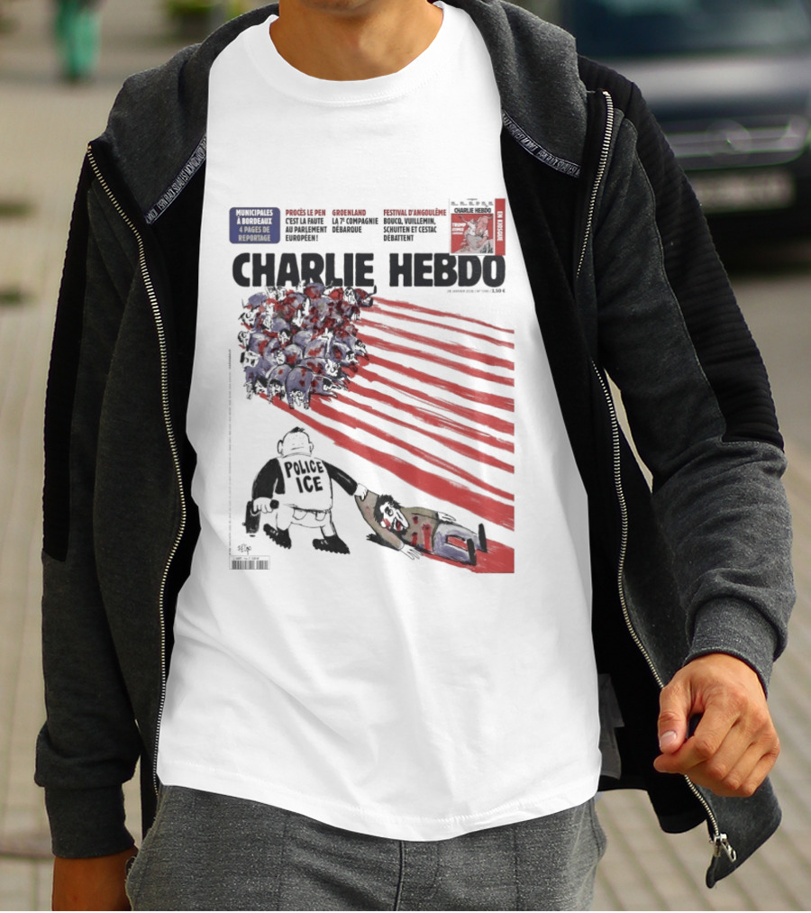 Charlie Hebdo ICE Officer With Flag And Migrant Scene T-Shirt