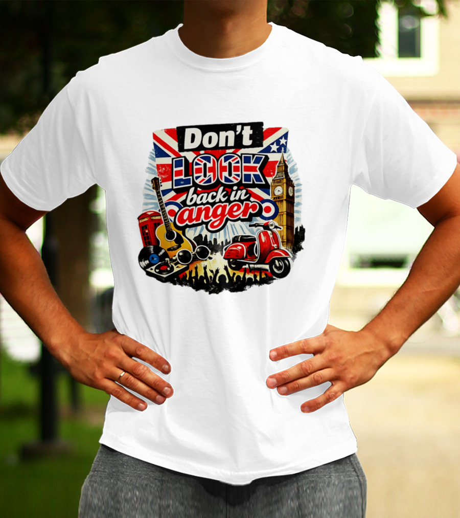 Don't Look Back In Anger UK Flag Vespa Guitar Big Ben Music T-Shirt