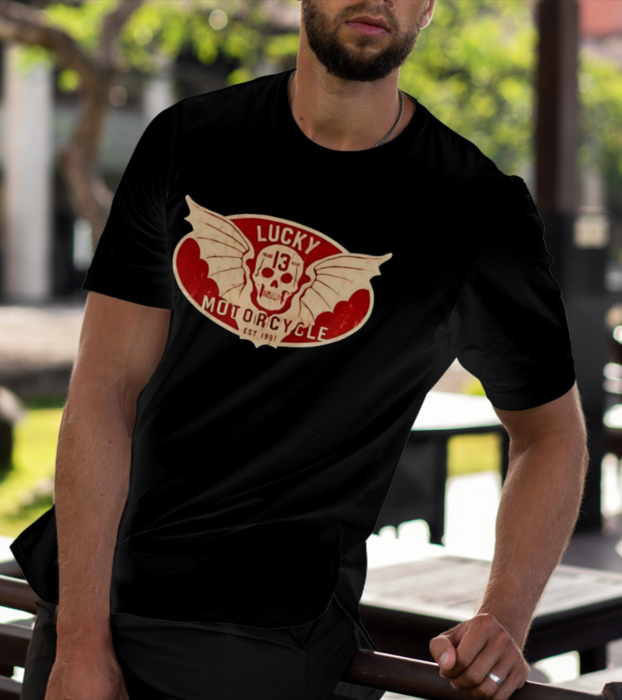 Lucky 13 Motorcycle Winged Skull Est 1991 T-Shirt