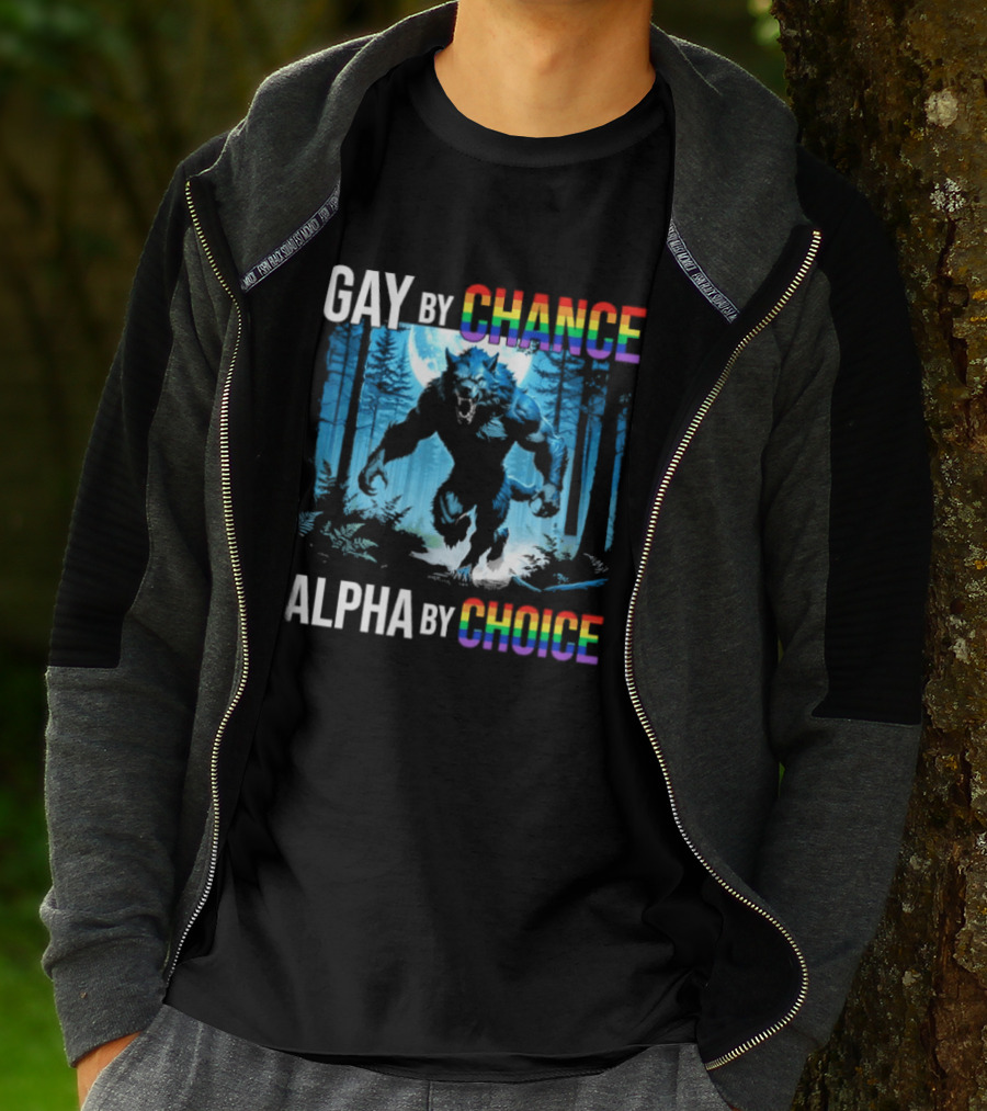 Gay By Chance Alpha By Choice Wolf LGBT Rainbow Forest Moon T-Shirt