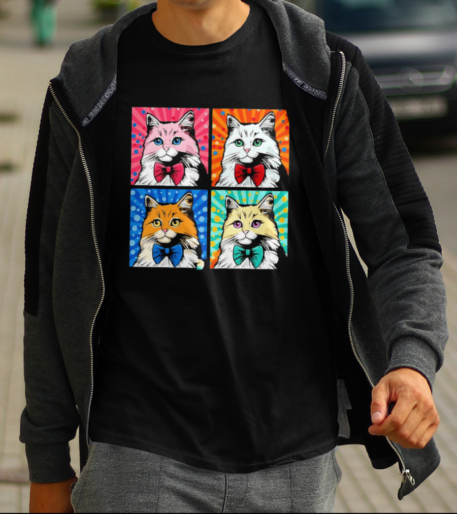 Pop Art Pop Four Panel Colorful Cats Wearing Bowties Kilkennycat T-Shirt