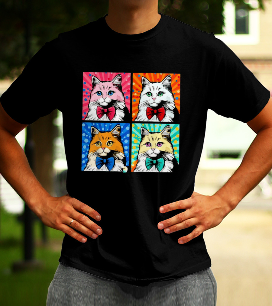 Pop Art Pop Four Panel Colorful Cats Wearing Bowties Kilkennycat T-Shirt