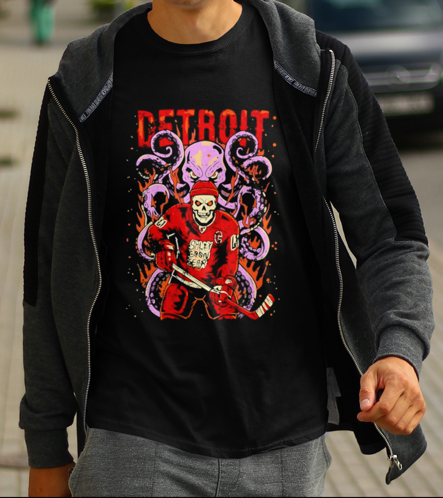 Detroit Salty Goon Skeleton Hockey Giant Octopus T-Shirt