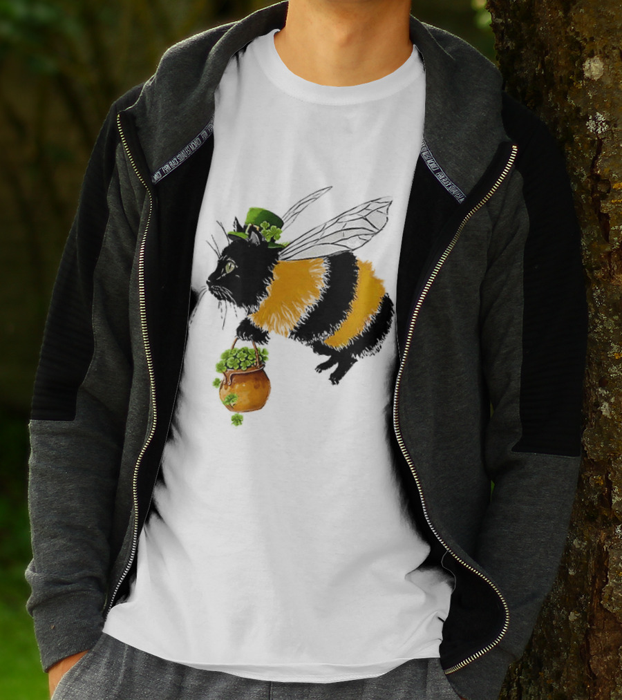 Catbee Lucky Buzz Cat With Clover And Leprechaun Hat T-Shirt