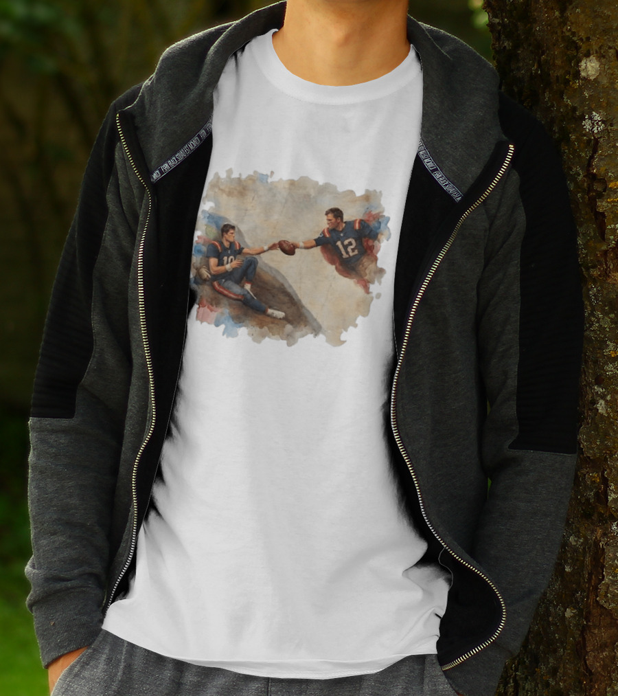 New England Football Brady Number 12 And Maye Number 10 Handing Football Painting T-Shirt