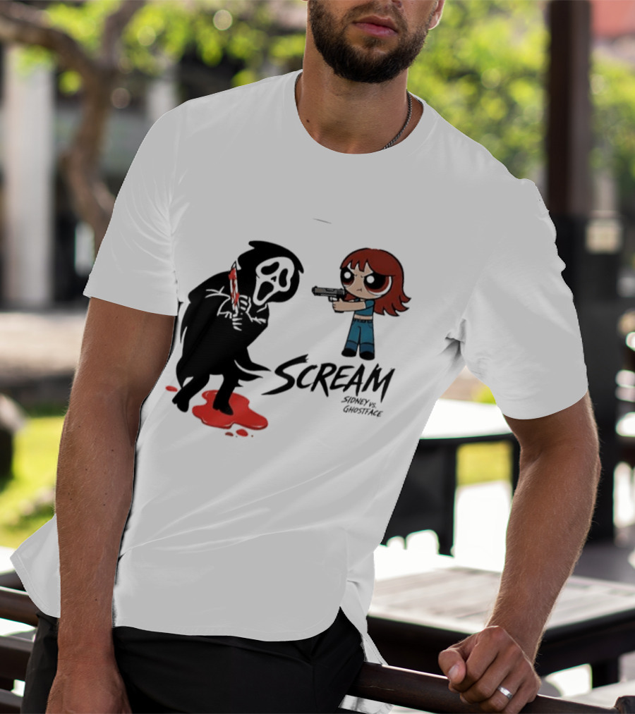 Scream Sidney Vs. Ghostface Cartoon Style Showdown With Knife And Splatter T-Shirt