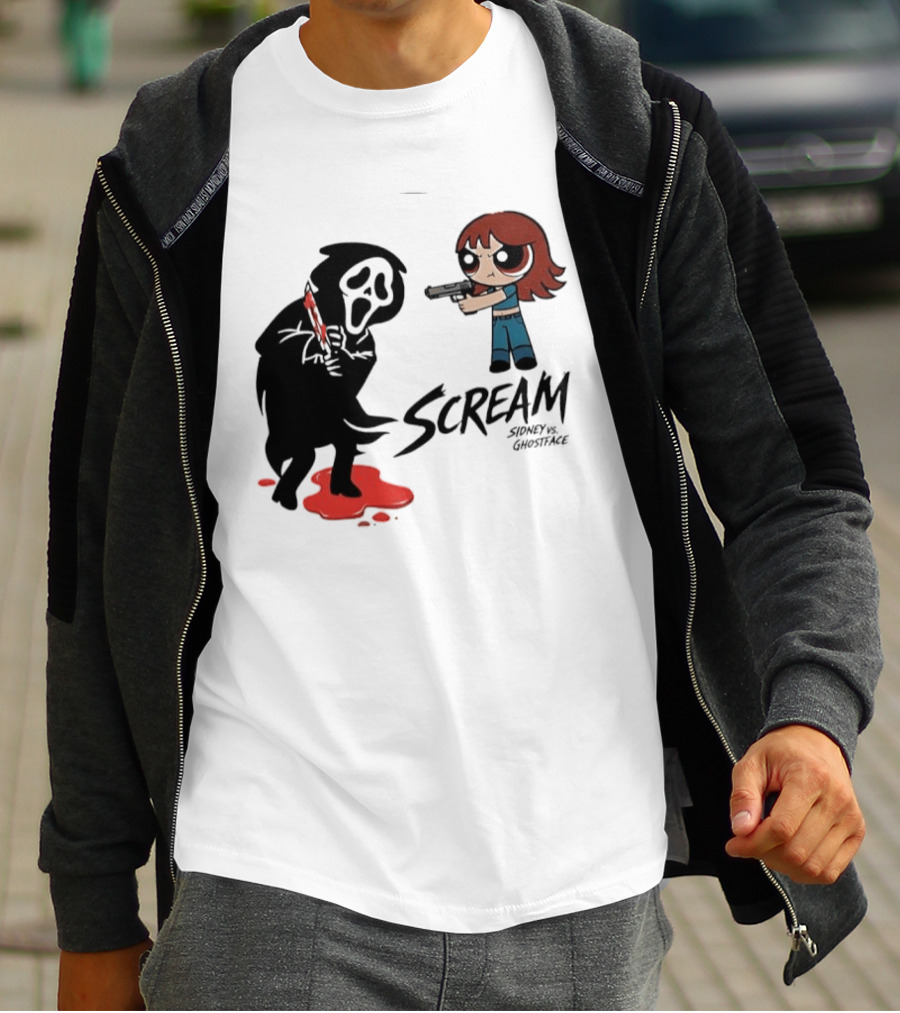 Scream Sidney Vs. Ghostface Cartoon Style Showdown With Knife And Splatter T-Shirt